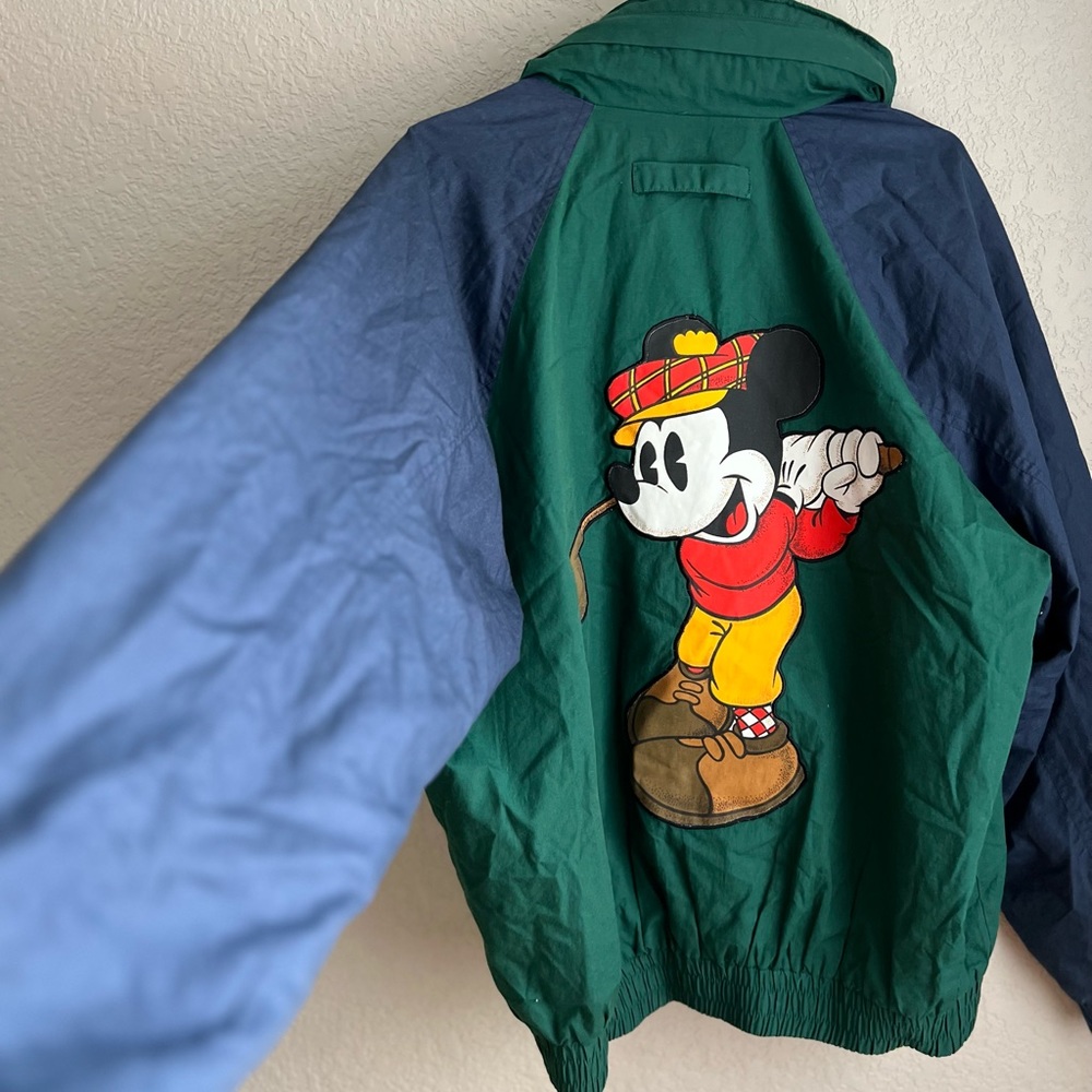 Vintage Mickey Mouse Disney Golf Jacket Windbreaker Blue Green Back Patch Medium